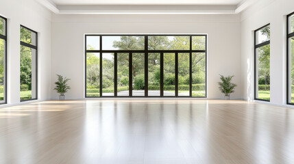 Fototapeta premium Bright spacious empty room with large glass doors and garden view, peaceful natural light