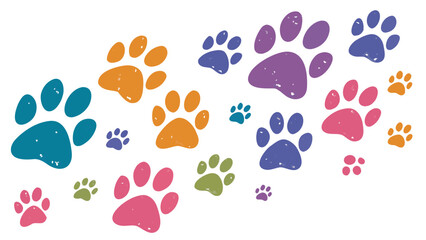 Fototapeta premium Vector illustration colorful assortment of scattered dog paw prints in various sizes and vibrant hues on a