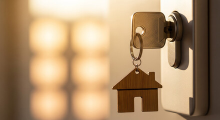 Close-up photo of key and wooden house keychain representing first-time home buying, real estate success, and safety