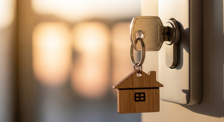 Close-up key inserted into door lock with wooden house keychain symbolizing real estate ownership and new home security
