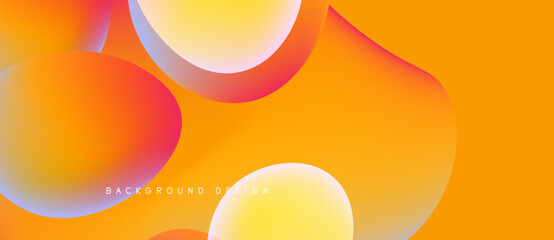 Abstract vibrant shapes overlap, creating warm color gradients. Orange dominates design, with purple accents. Modern aesthetic.