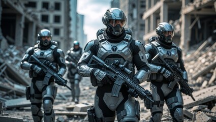 Futuristic soldiers in tactical gear patrol a war-torn urban environment