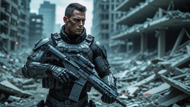 Soldier in futuristic combat gear surveys a war-torn urban landscape
