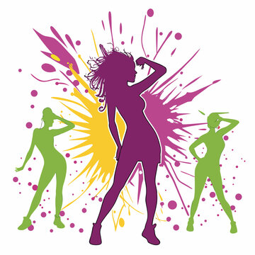 Vector illustration silhouette of three energetic female dancers in dynamic poses against a vibrant, abstract paint splash background