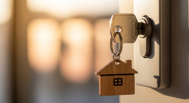 Close-up key inserted into door lock with wooden house keychain symbolizing real estate ownership and new home security - Powered by Adobe