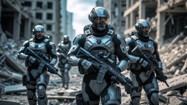 Futuristic soldiers in tactical gear patrol a war-torn urban environment - Powered by Adobe