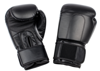 Pair of black leather boxing gloves for combat sports training, martial arts, or fitness activity, showcasing durable material and professional craftsmanship for athletes