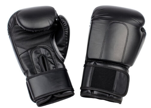 Pair of black leather boxing gloves for combat sports training, martial arts, or fitness activity, showcasing durable material and professional craftsmanship for athletes - Powered by Adobe