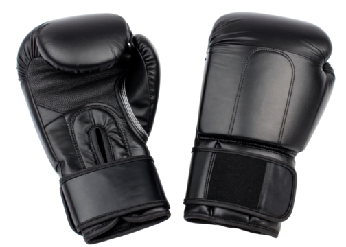 Pair of black leather boxing gloves for combat sports training, martial arts, or fitness activity, showcasing durable material and professional craftsmanship for athletes