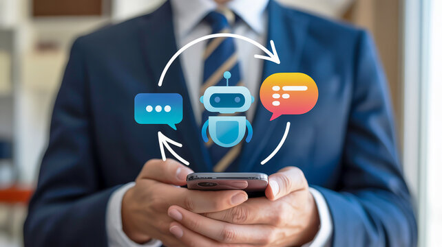 Businessman holding smartphone with chatbot interface and communication icons artificial intelligence - Powered by Adobe