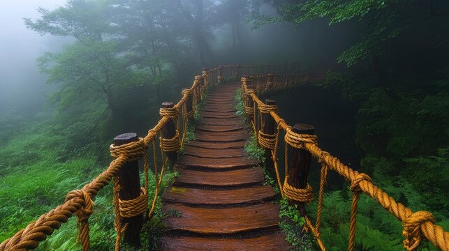 Fototapeta Mystical Rope Bridge in Ancient Forest Spanning Deep Ravine