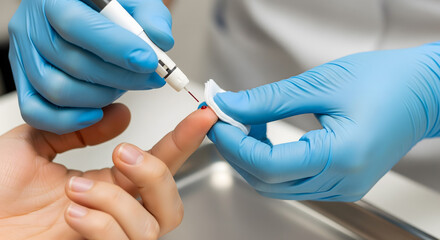 Blood glucose test being performed on a patient's finger in a medical setting