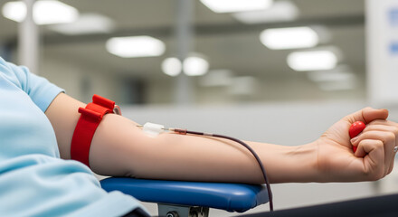 Blood donation process with a needle inserted into a patient's arm