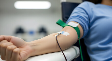 Blood donation process with a needle inserted into a patient's arm