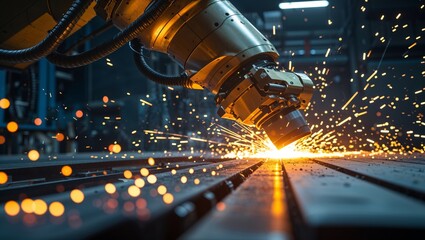 Industrial robot arm welding metal with sparks in a modern factory setting