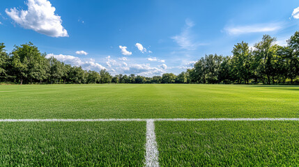 Obraz premium Green soccer field horizon with white line and trees under bright blue sky