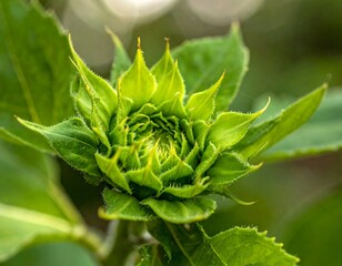 Close-up of a green sunflower bud, with its swirling center ready to bloom, surrounded by leaves and soft bokeh background