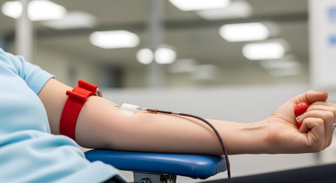 Blood donation process with a needle inserted into a patient's arm - Powered by Adobe