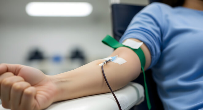 Blood donation process with a needle inserted into a patient's arm - Powered by Adobe
