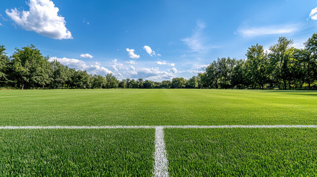 Green soccer field horizon with white line and trees under bright blue sky
