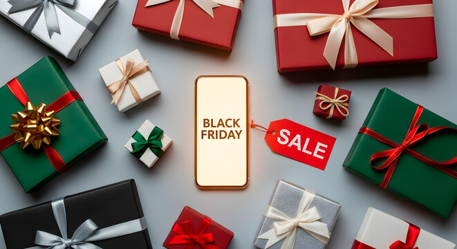 Black Friday sale concept with gifts and smartphone on a gray background