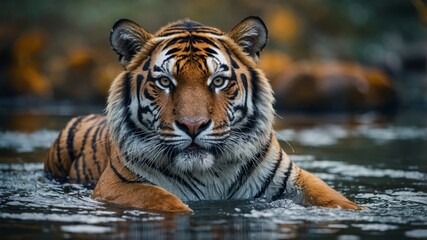 Majestic tiger resting in water, looking directly at the camera with intense gaze