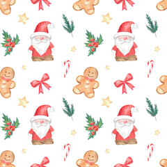 Seamless watercolor Christmas pattern with cookie and holly