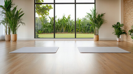 Fototapeta premium Yoga mat in bright studio with large window and indoor plants, peaceful natural light