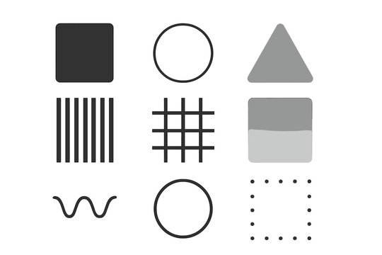 Modern Icon Grid. Flat icon set of monochrome style: black square, white circle, grey triangle, striped