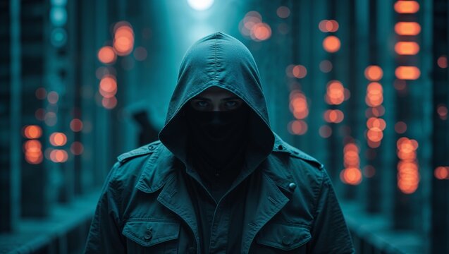 Mysterious figure in a hooded jacket with a face covering, urban setting