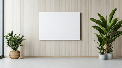 Blank rectangular sign mockup neutral interior with two potted plants and wooden wall