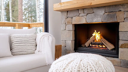 Obraz premium Cozy rustic fireplace corner with knitted throw pillow and wool pouf glowing warmly