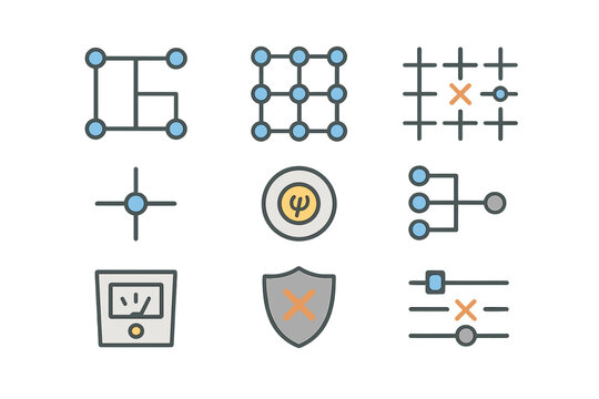 Quantum Error Correction Icons. Flat icon set of quantum error correction: stabilizer code, surface code