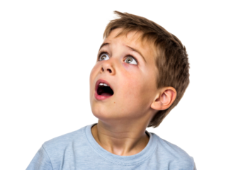 Young Caucasian boy with wideopen mouth and astonished eyes looking up, expressing surprise and wonder, perfect for representing discovery and amazement in various media projects.