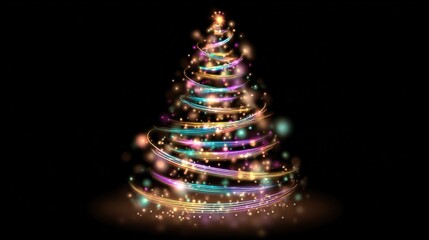 Magical Glowing Spiral Christmas Tree with Neon Lights on Dark Background
