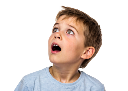Young Caucasian boy with wideopen mouth and astonished eyes looking up, expressing surprise and wonder, perfect for representing discovery and amazement in various media projects. - Powered by Adobe