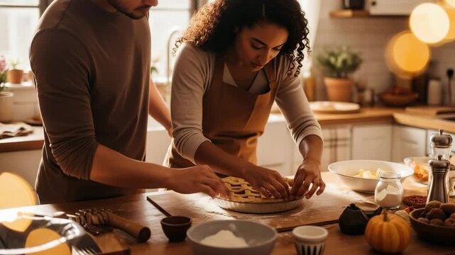 Woman and man make apple pie for Thanksgiving holiday. Couple baking together in kitchen. Holiday cooking and family togetherness.