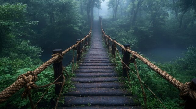 Fototapeta Ancient Forest Rope Bridge Spanning Deep Ravine in Misty Atmosphere