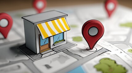 Concept de commerce local avec boutique miniature et marqueurs sur carte