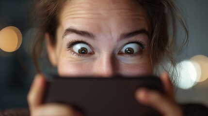 Femme aux yeux écarquillés tenant un téléphone devant son visage