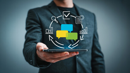 Man holding smartphone with workflow process and business icons management technology