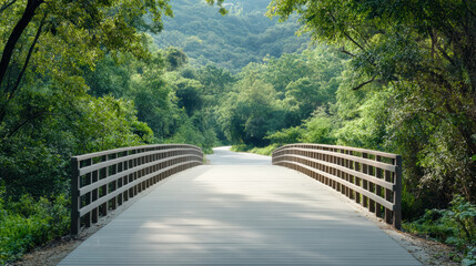 Sunlit wooden bridge through lush green forest leading to winding trail, peaceful mood