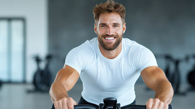 Smiling man cycling indoor cardio workout gym bicycle trainer energetic
