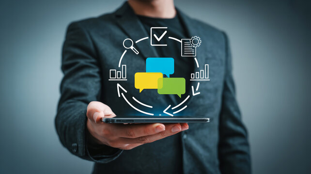 Man holding smartphone with workflow process and business icons management technology