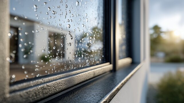 Gouttes d'eau sur une vitre avec condensation et reflets lumineux
