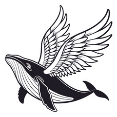 Obraz premium Vector illustration black and white line art illustration of a flying whale with large feathered wings