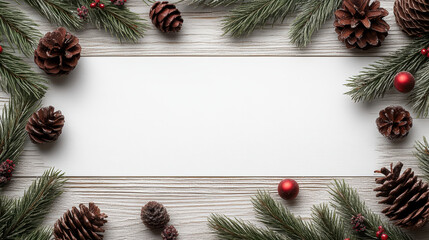 Pine cone and fir branch holiday frame with red bauble and winter berries, rustic wooden