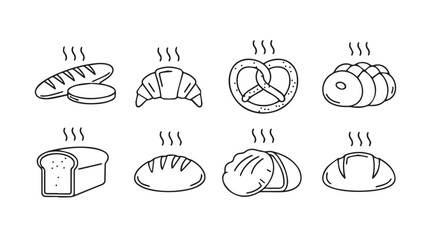 Collection of delicious baked bread and pastry items in a simple line drawing silhouette style