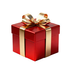 Fototapeta premium A luxurious red gift box with a gold ribbon and bow on a transparent background, perfect for holiday marketing, festive promotions, seasonal sales, greeting cards and elegant celebration designs