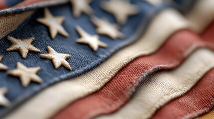 Close-up of the American flag, showcasing stars and stripes with a textured, patriotic appearance.